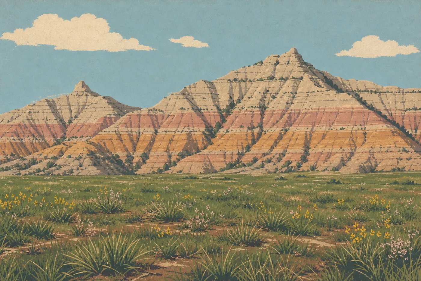 Illustration sérigraphiée : La prairie printanière verdoyante et fleurie contraste avec les strates roses et ocre des buttes de Cedar Pass.