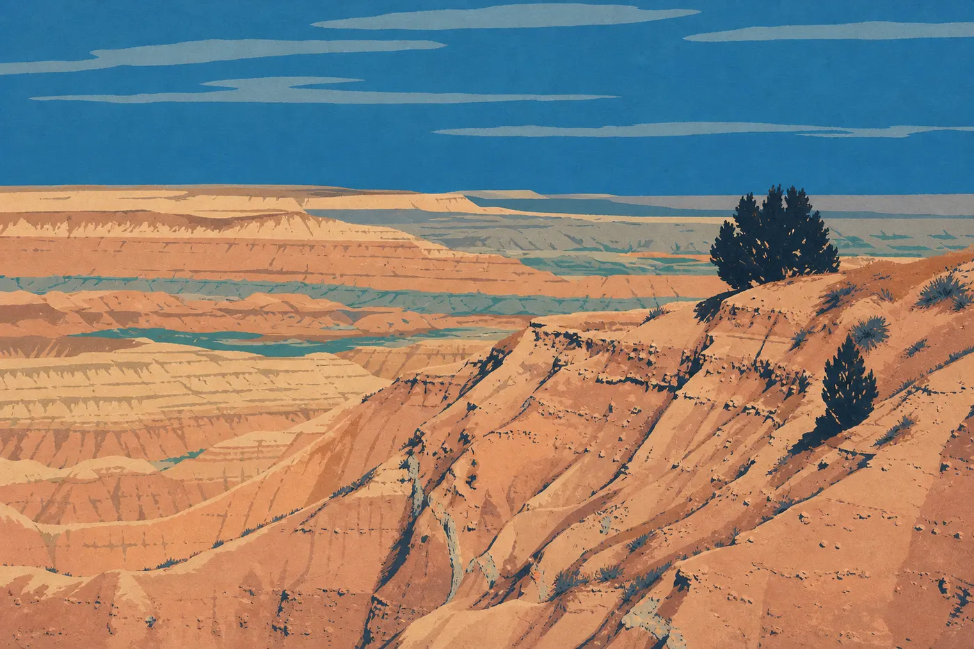 Illustration sérigraphiée : Sheep Mountain Table domine les ravines isolées et la vaste prairie de la Stronghold Unit.