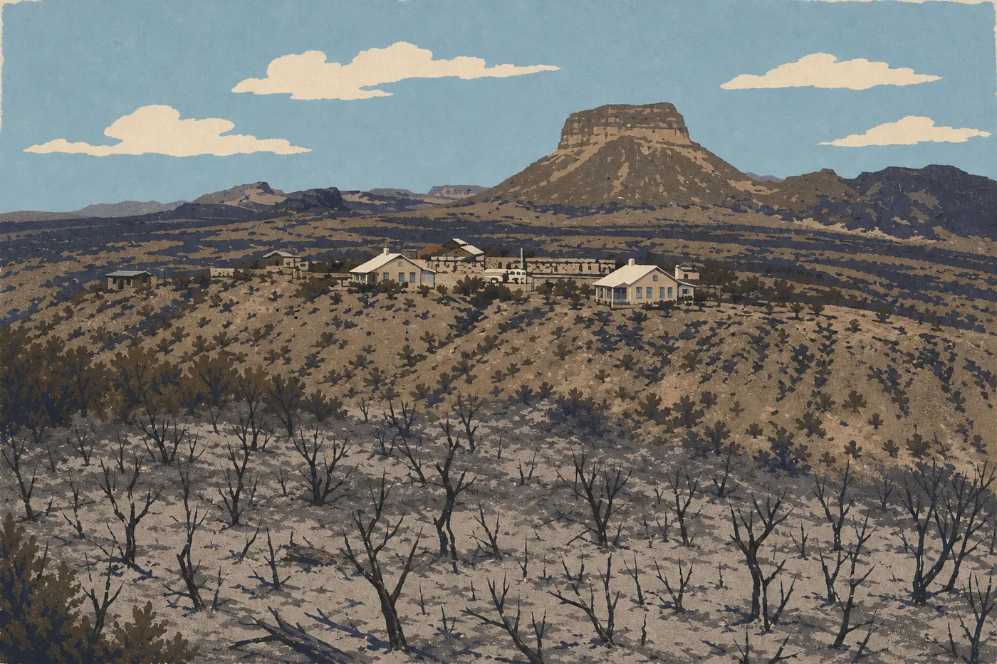 Illustration sérigraphiée : Les bâtiments historiques de Castolon devant Cerro Castellan et les étendues arides de la Ross Maxwell Drive.