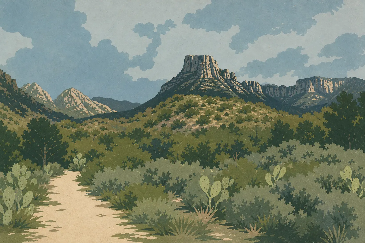 Illustration sérigraphiée : Le Chisos Basin encerclé de sommets volcaniques, avec Casa Grande dominant les pins et la route sinueuse.
