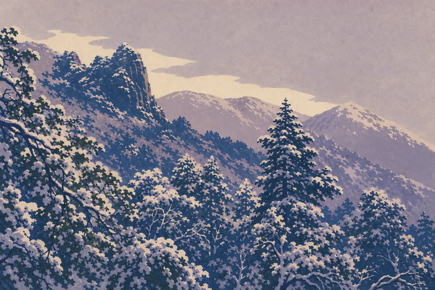 Illustration sérigraphiée : Les sommets des Chisos Mountains poudrés de neige au-dessus d’un désert hivernal lumineux et silencieux.