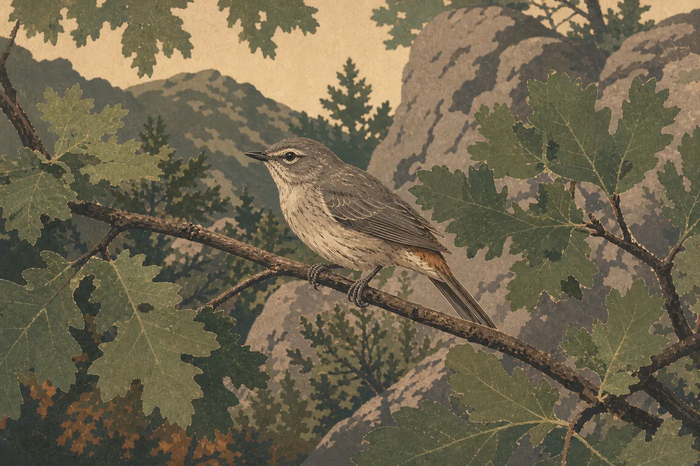 Illustration sérigraphiée : Une paruline de Colima posée dans les chênes des hauteurs boisées des Chisos Mountains.