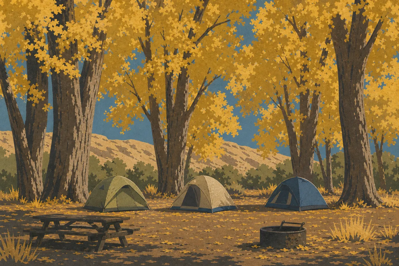 Illustration sérigraphiée : Des tentes sous les grands peupliers dorés de Cottonwood Campground, oasis ombragée près du Rio Grande.