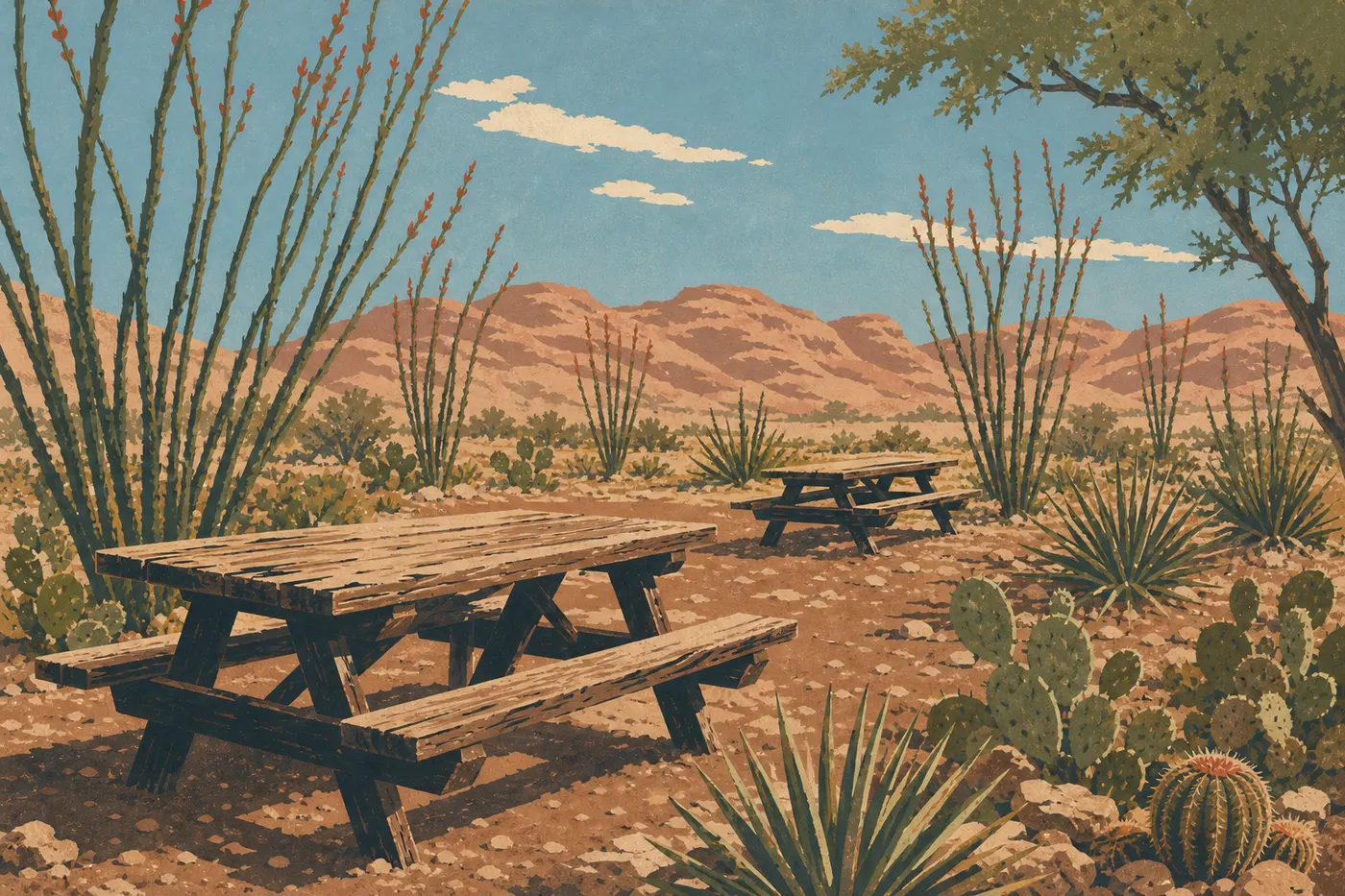 Illustration sérigraphiée : Les tables de pique-nique de Dugout Wells entourées d’ocotillos, de yuccas et de cactus du désert.