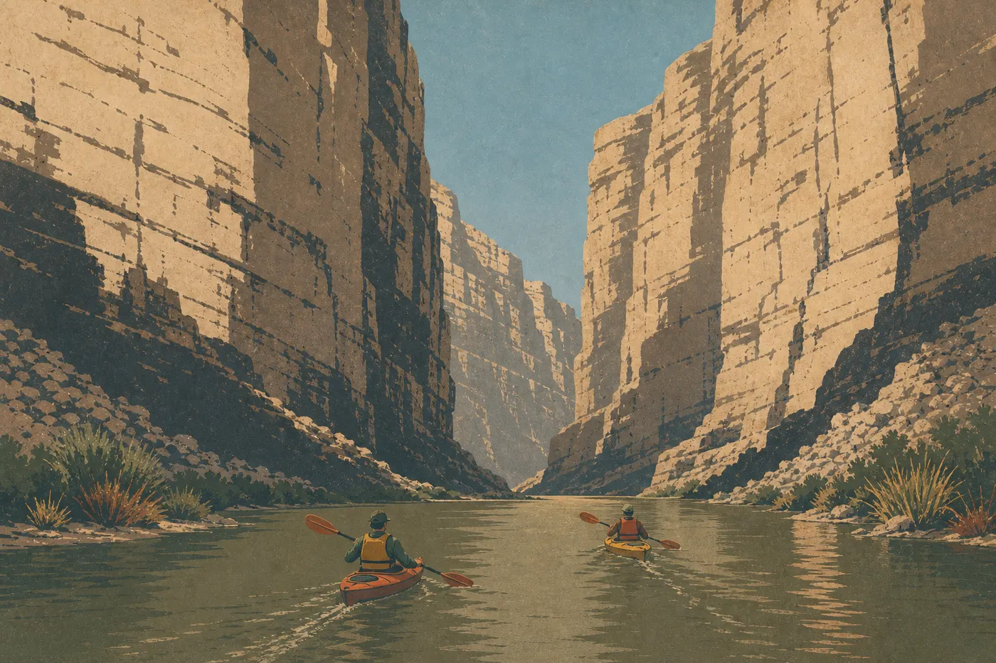 Illustration sérigraphiée : Deux kayakistes descendant le Rio Grande sous les hautes murailles calcaires de Santa Elena Canyon.