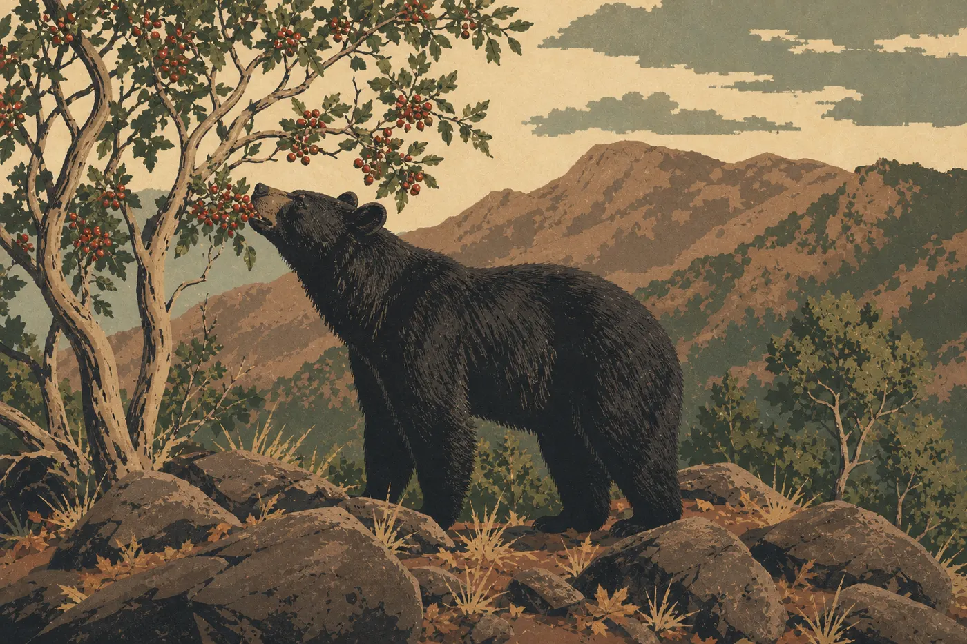 Illustration sérigraphiée : Un ours noir mangeant les baies rouges d’un arbousier du Texas dans les Chisos Mountains.
