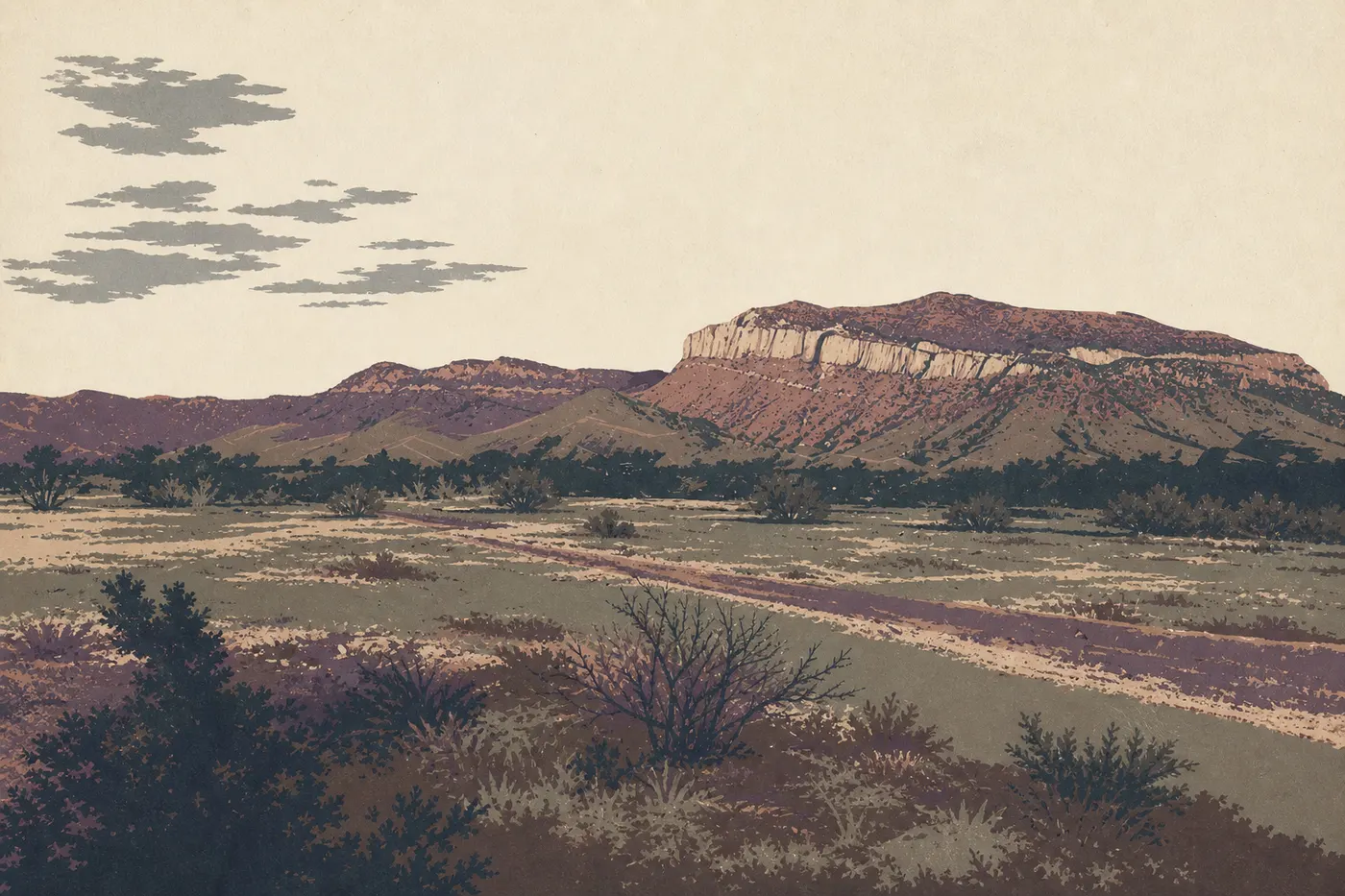 Illustration sérigraphiée : Persimmon Gap ouvrant une brèche entre deux crêtes rocheuses au-dessus de la route d’entrée nord.