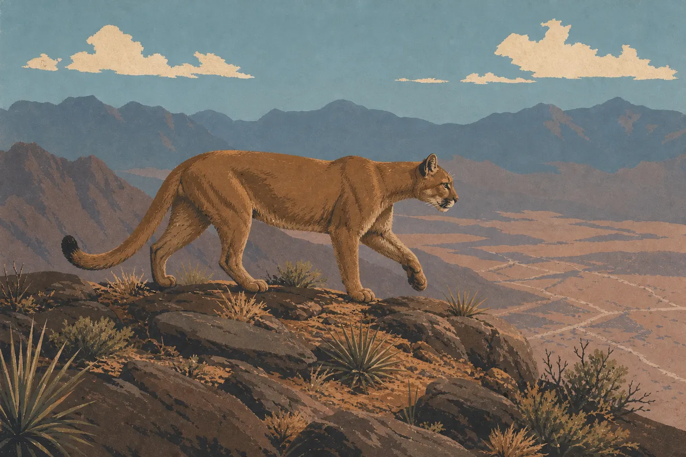 Ilustración serigrafiada: Un puma avanza por una cresta de las Chisos Mountains, sobre los valles desérticos del parque.