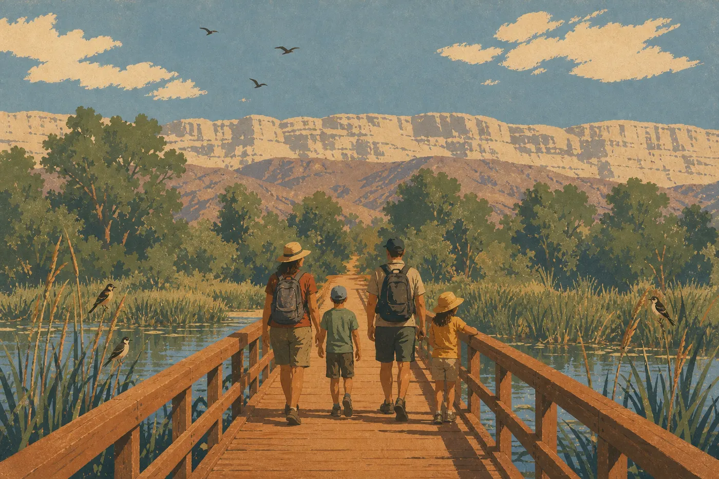 Illustration sérigraphiée : Une famille parcourant le ponton accessible du Rio Grande Village Nature Trail parmi roseaux et oiseaux.