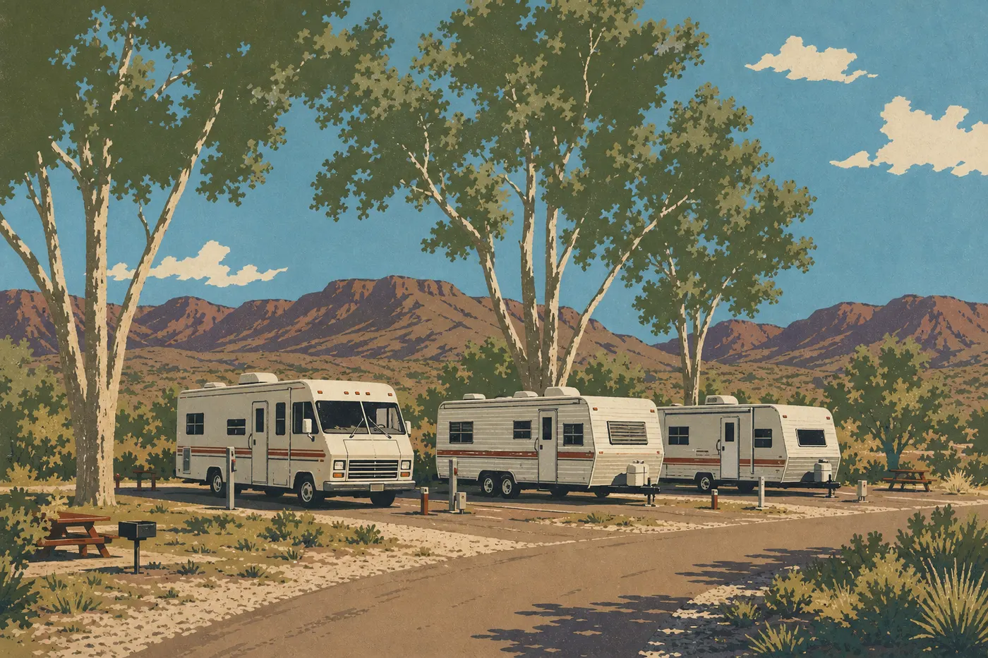 Illustration sérigraphiée : Des camping-cars stationnés au Rio Grande Village RV Park, entre peupliers et reliefs désertiques.