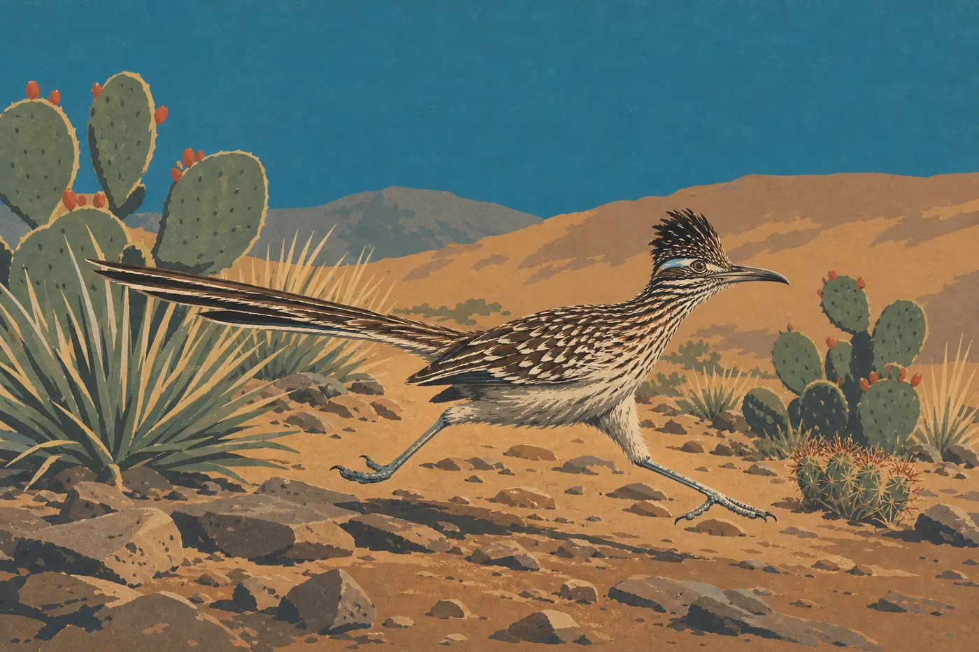 Ilustración serigrafiada: Un correcaminos de California corre entre piedras, agaves y cactus en el desierto de Chihuahua.