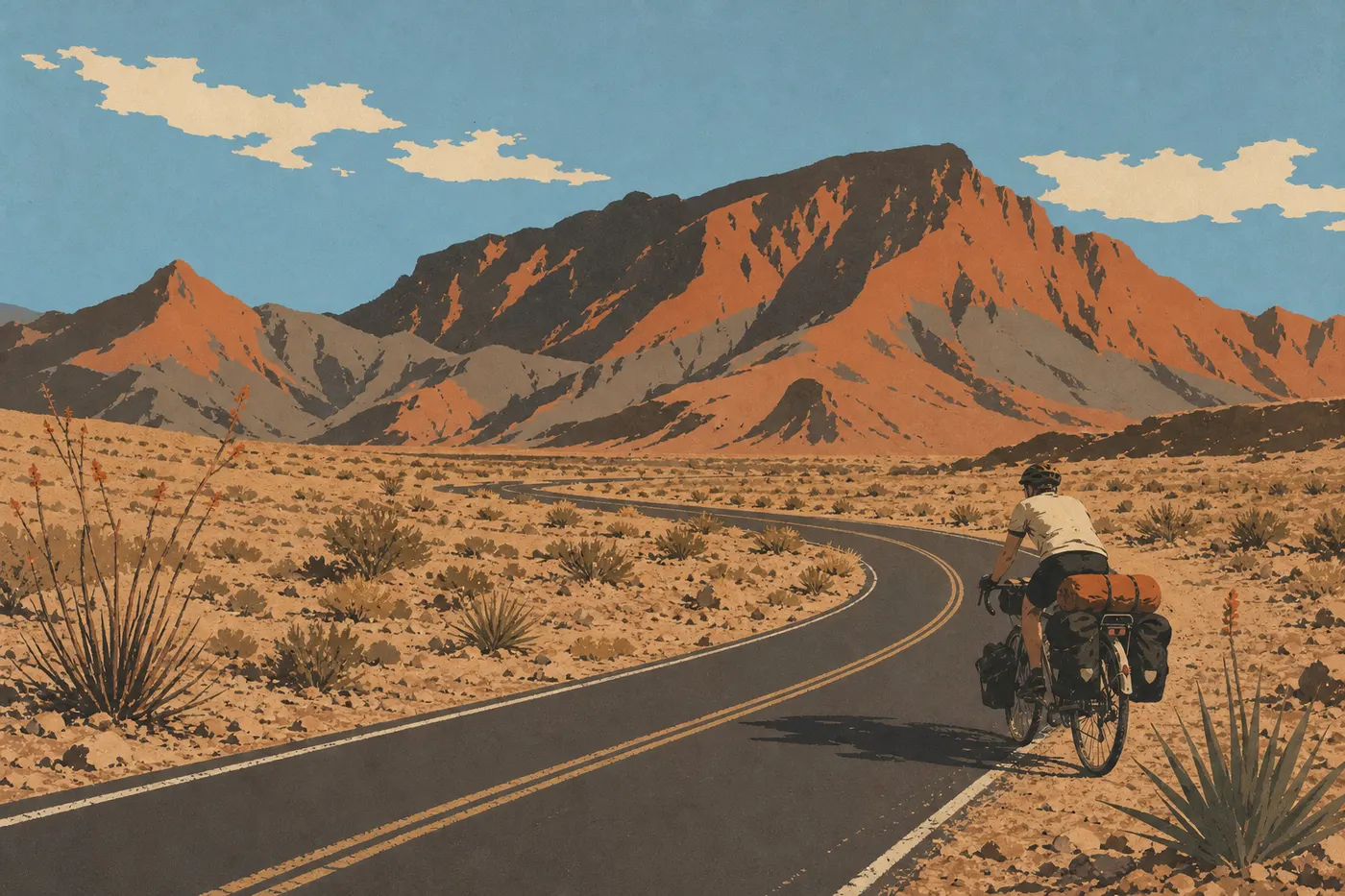 Illustration sérigraphiée : La Ross Maxwell Scenic Drive traversant le désert de Chihuahua, avec un cycliste devant les reliefs volcaniques.