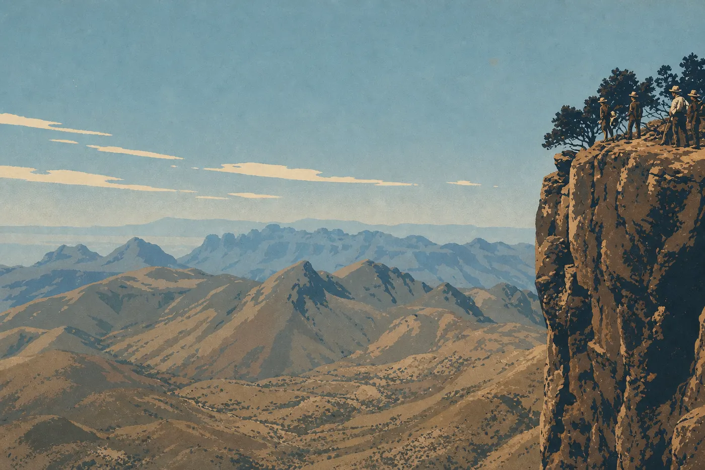 Illustration sérigraphiée : Des randonneurs sur le South Rim Trail contemplant le désert de Chihuahua depuis les falaises des Chisos.