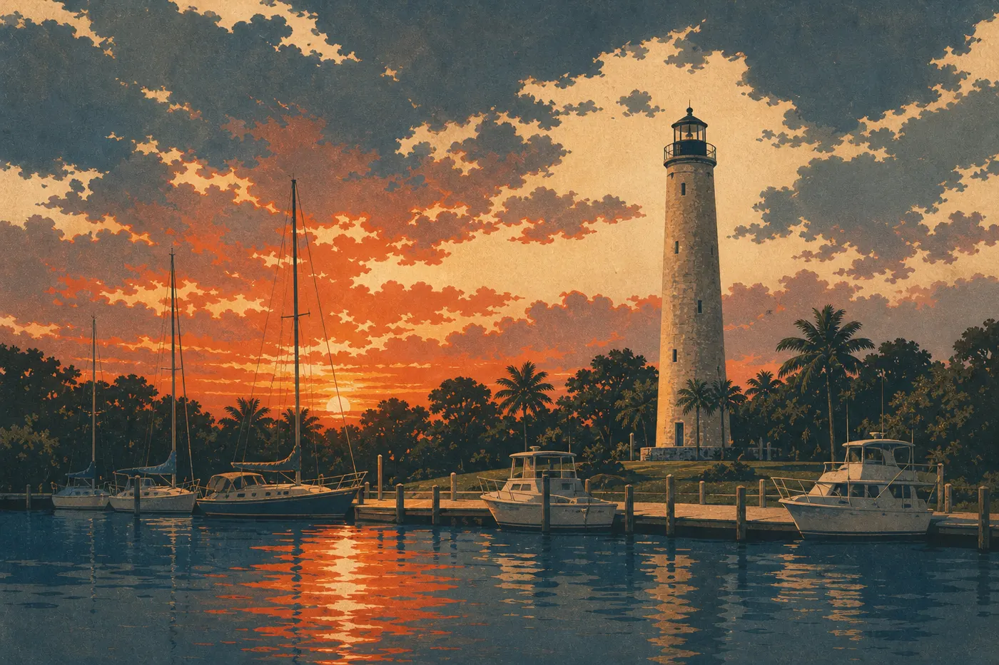 Ilustración serigrafiada: Un atardecer otoñal enciende el puerto y el faro de Boca Chita después de las lluvias.