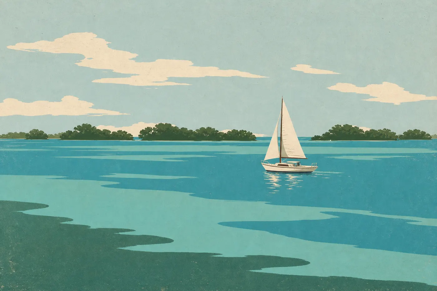 Illustration sérigraphiée : Un voilier solitaire traverse les eaux plates de Biscayne Bay entre hauts-fonds turquoise et îlots de mangrove.