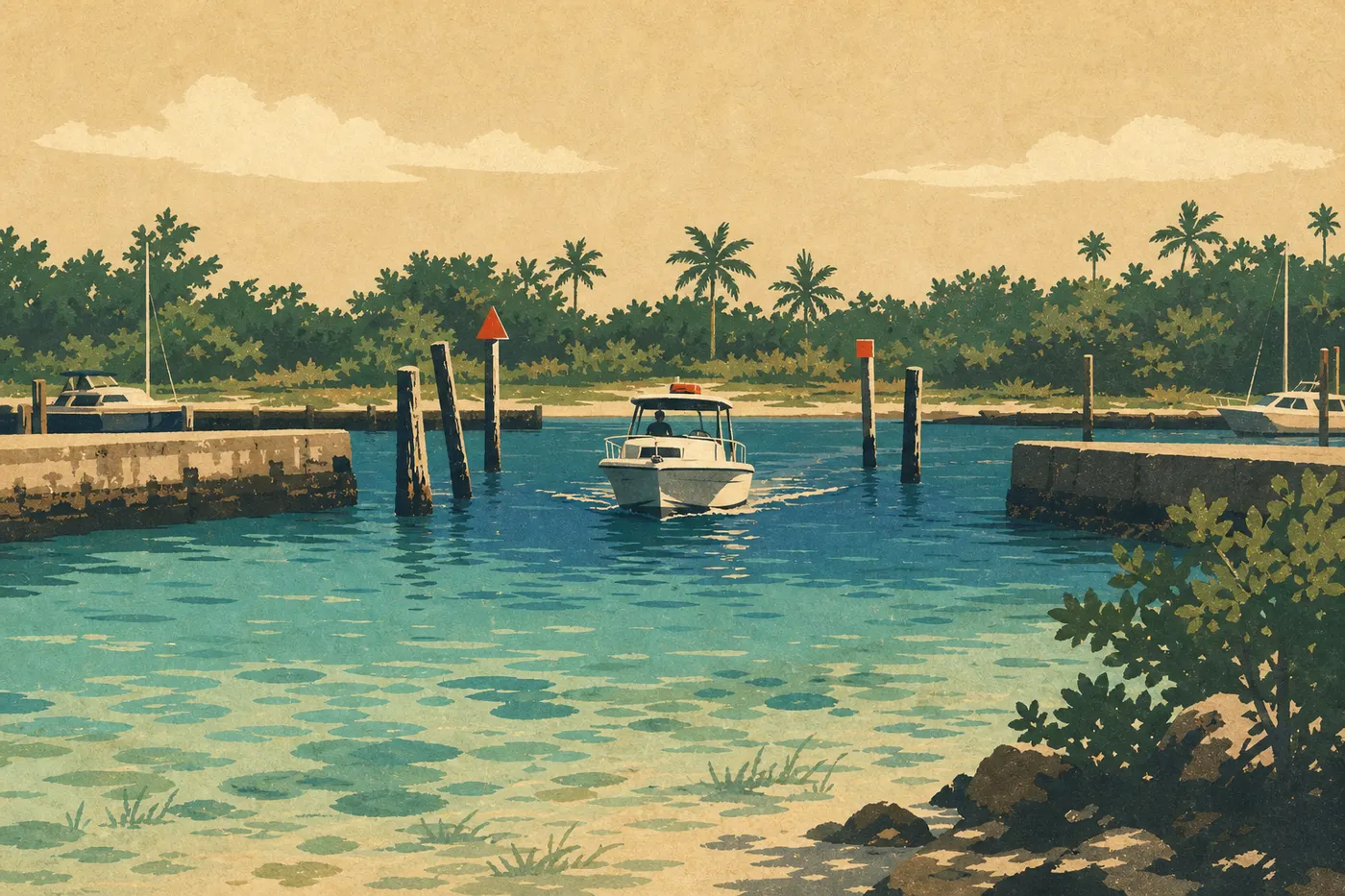 Illustration sérigraphiée : Un bateau franchit l'entrée étroite du port de Boca Chita Key entre balises et eaux turquoise.