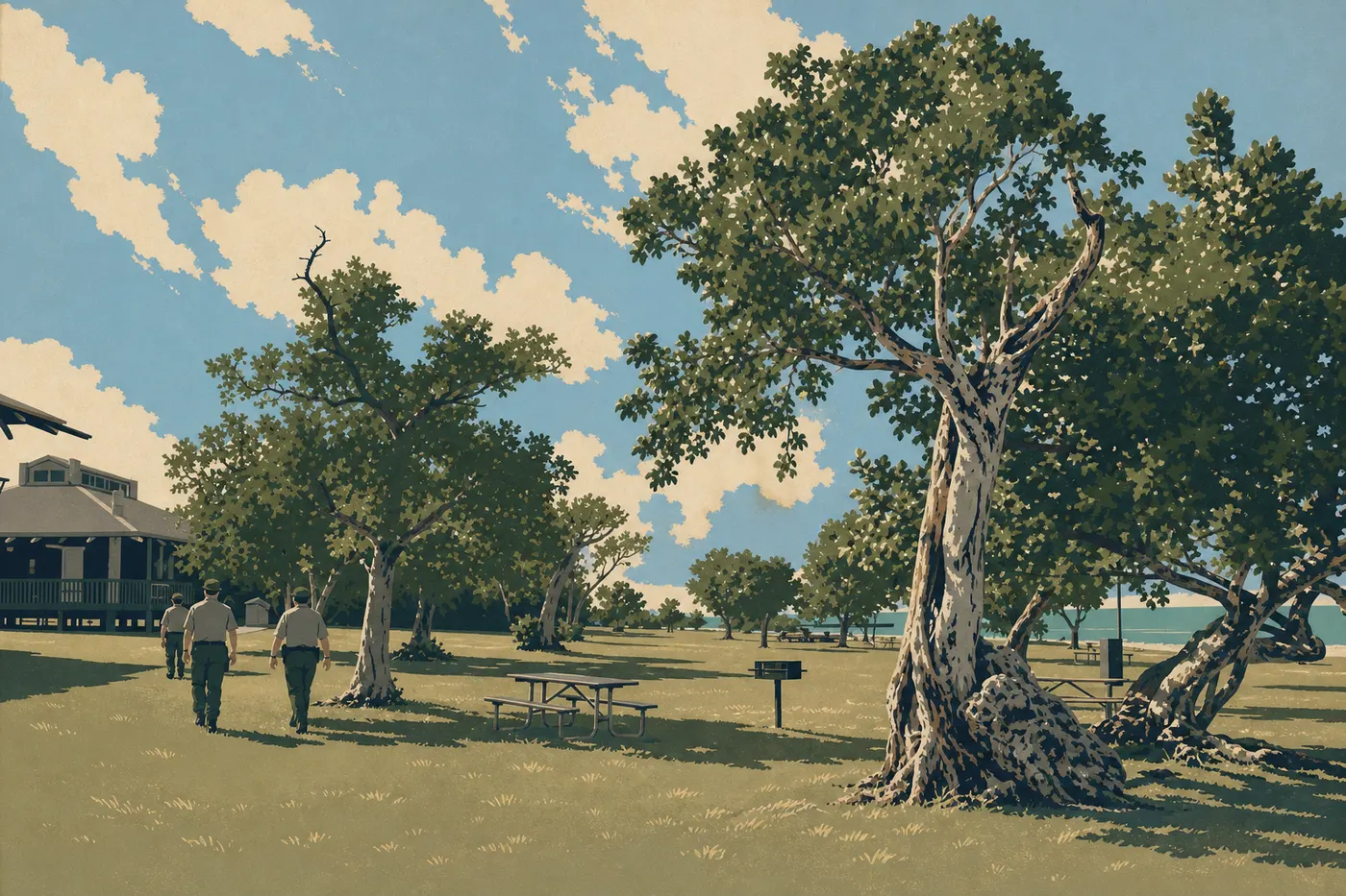 Illustration sérigraphiée : Le sentier en boucle d'Elliott Key traverse le hammock tropical entre marina, baie et rive océanique.