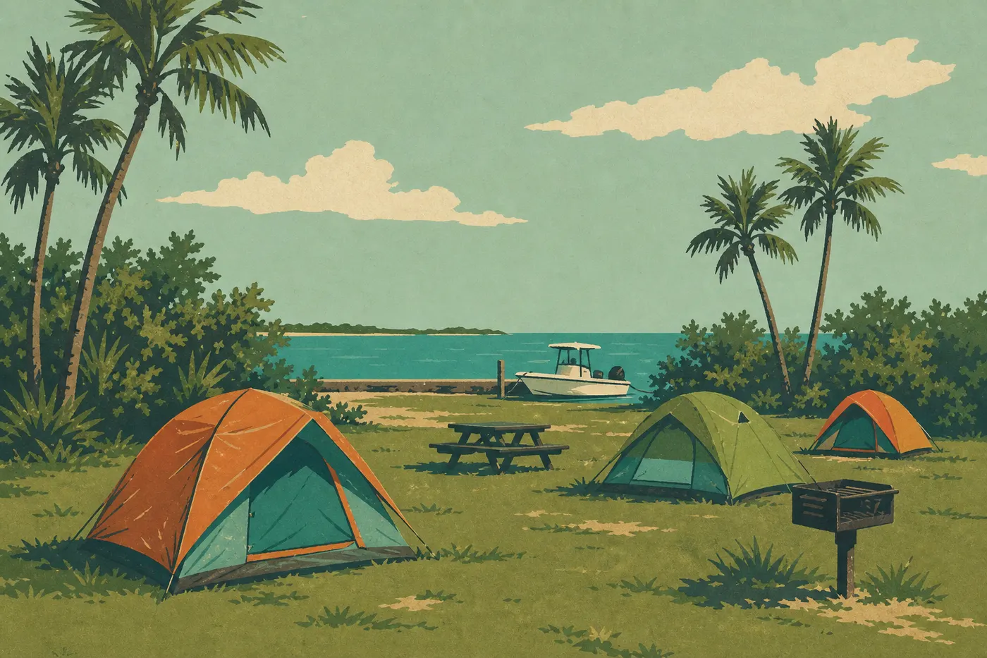 Illustration sérigraphiée : Des tentes colorées occupent la pelouse riveraine du terrain de camping de Boca Chita Key.