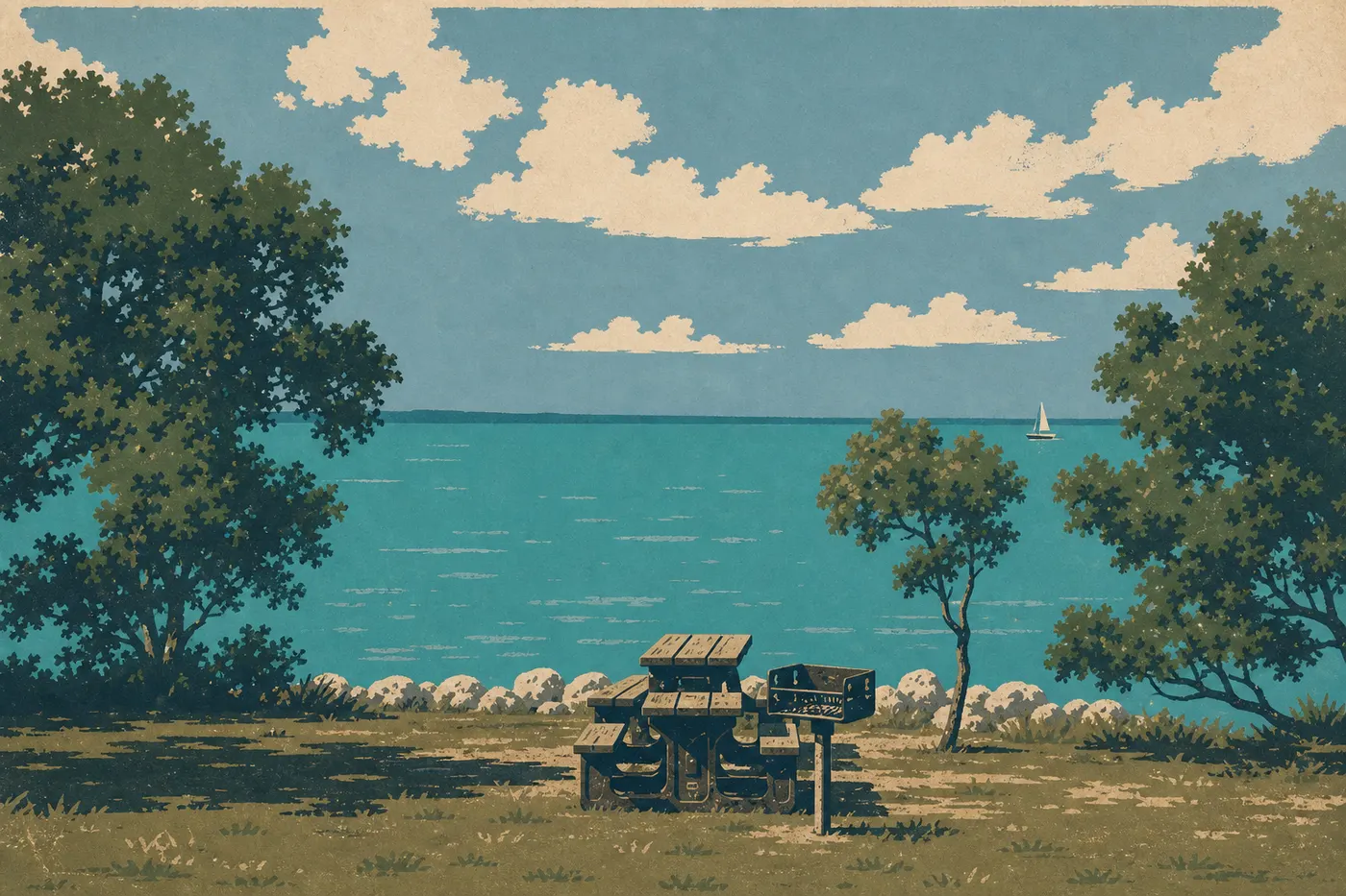 Illustration sérigraphiée : Le terrain de camping d'Elliott Key borde la marina sous les arbres du vaste hammock tropical.