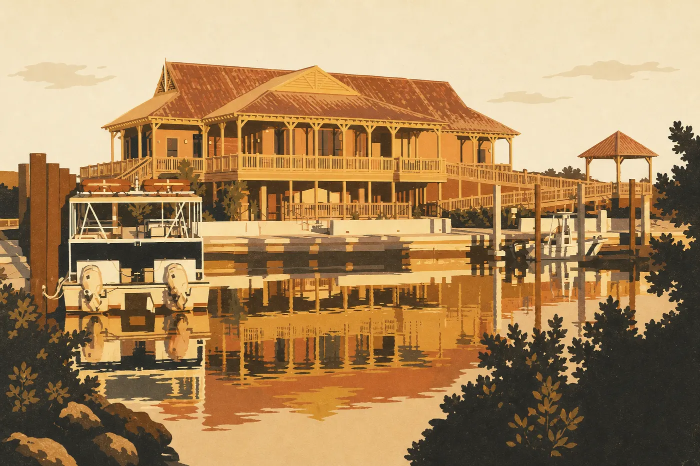 Illustration sérigraphiée : Le centre d'accueil Dante Fascell et sa passerelle s'ouvrent sur les mangroves tranquilles de Convoy Point.