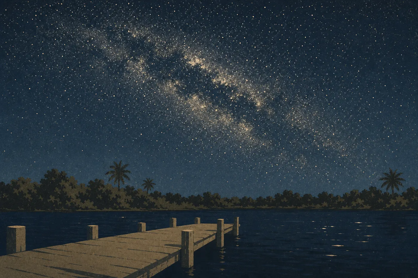 Illustration sérigraphiée : La Voie lactée et les étoiles apparaissent au-dessus d'Elliott Key, de son quai et de la baie sombre.