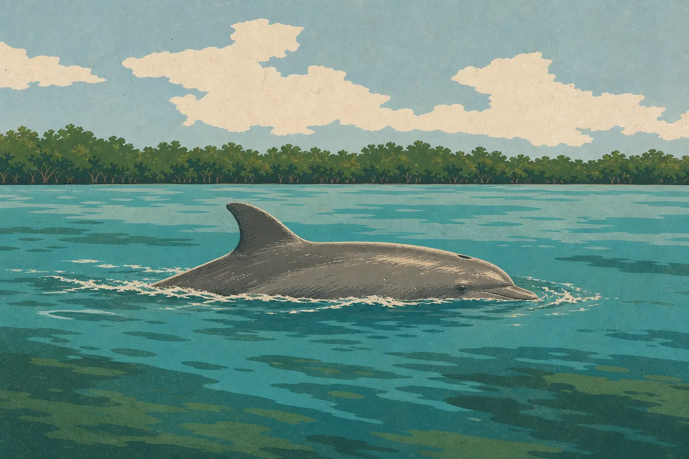 Illustration sérigraphiée : Un grand dauphin de l'Atlantique fend la surface de Biscayne Bay devant une ligne basse de mangroves.