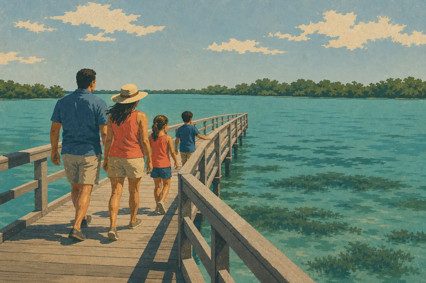 Illustration sérigraphiée : Une famille parcourt la passerelle accessible du Jetty Walk devant les eaux calmes de Biscayne Bay.