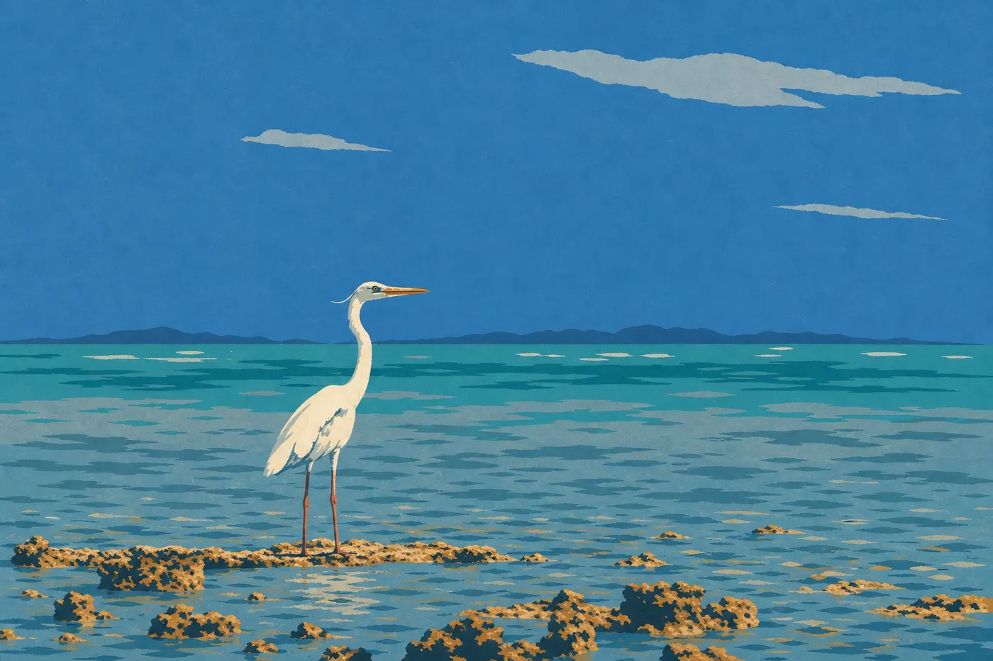 Illustration sérigraphiée : Une lumière hivernale limpide éclaire Biscayne Bay, les herbiers peu profonds et la silhouette des Keys.