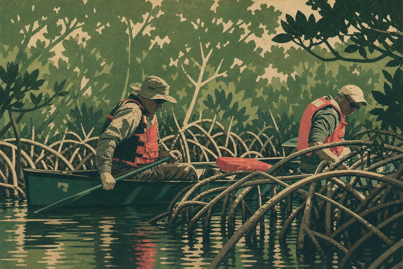 Illustration sérigraphiée : Deux pagayeurs longent en kayak les racines de mangrove dans les eaux peu profondes près de Convoy Point.