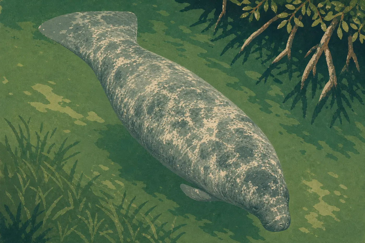 Illustration sérigraphiée : Un lamantin de Floride nage paisiblement dans les eaux transparentes bordant les mangroves de Biscayne.