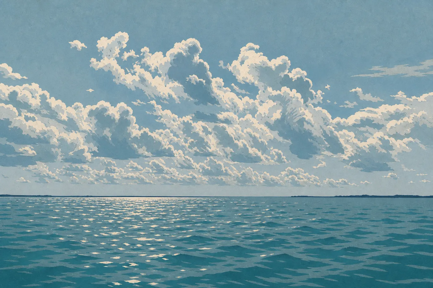 Illustration sérigraphiée : De hauts nuages d'orage estivaux s'élèvent au-dessus de Biscayne Bay et de sa frange de mangroves.