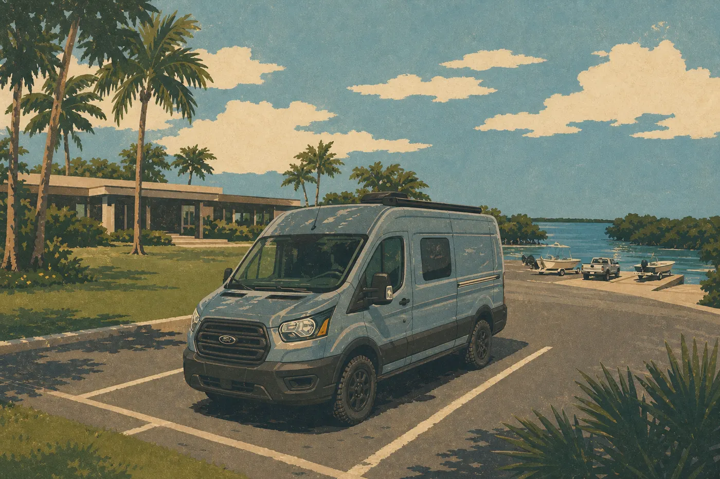 Illustration sérigraphiée : Un véhicule de voyage stationne à Convoy Point près de la rampe nautique et du centre d'accueil.