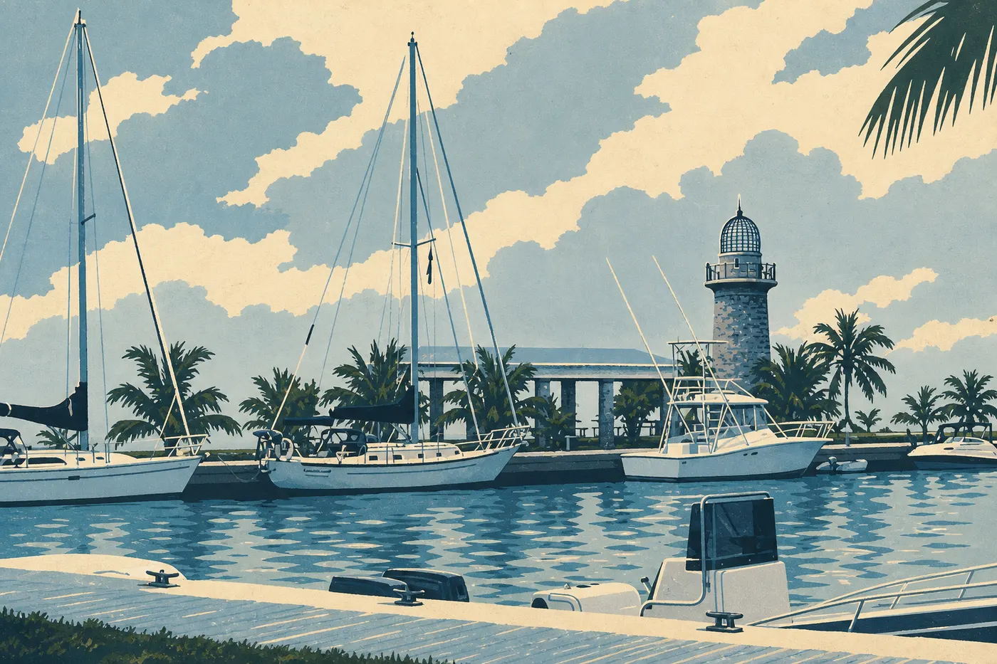 Illustration sérigraphiée : Le phare historique de Boca Chita Key domine son port circulaire où accostent plusieurs bateaux de visiteurs.