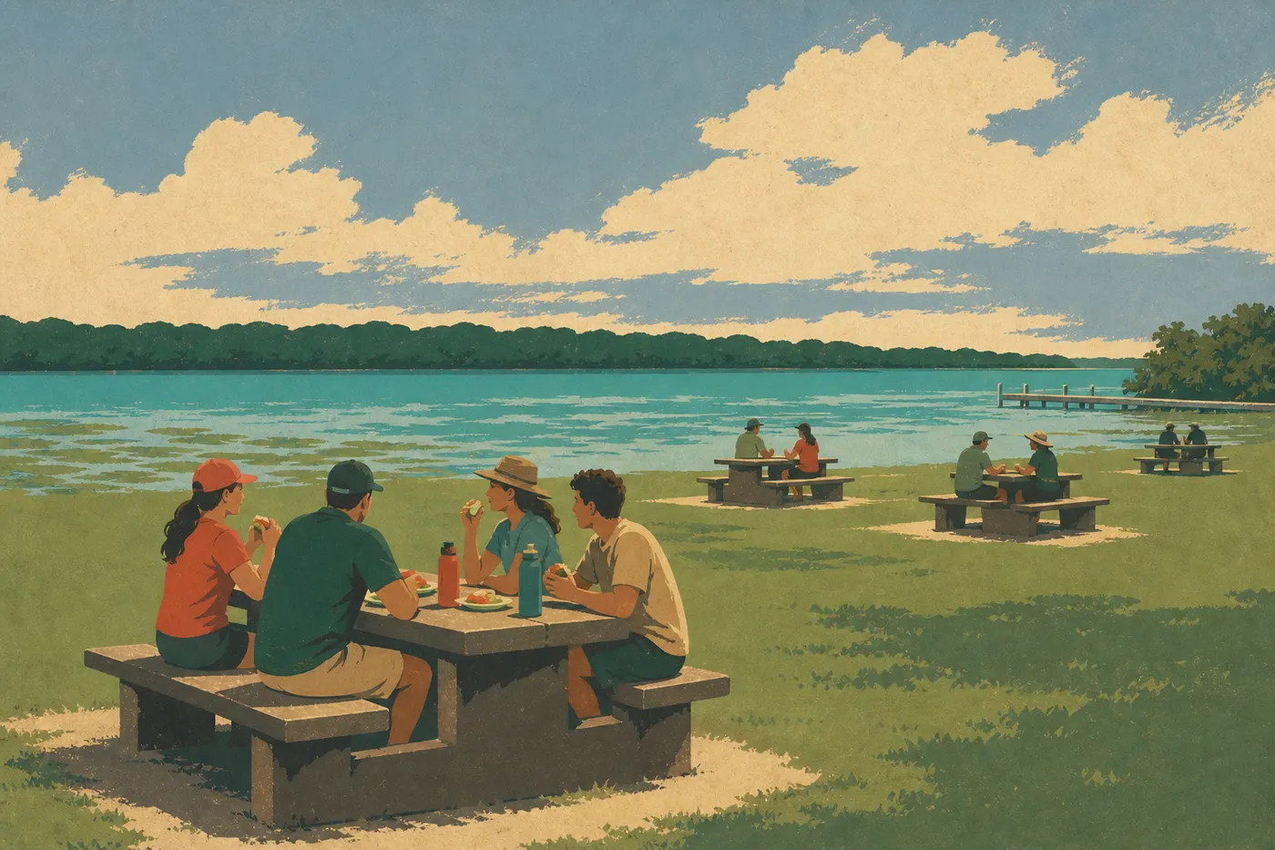 Illustration sérigraphiée : Des visiteurs déjeunent aux tables de pique-nique de Convoy Point face à la baie et aux mangroves.