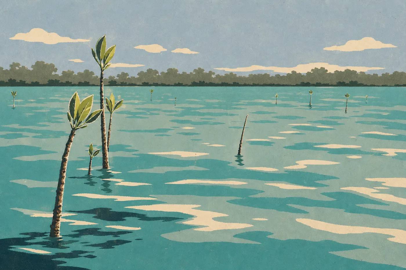 Ilustración serigrafiada: En primavera, aguas turquesas y vegetación joven y luminosa rodean los manglares de Jones Lagoon.