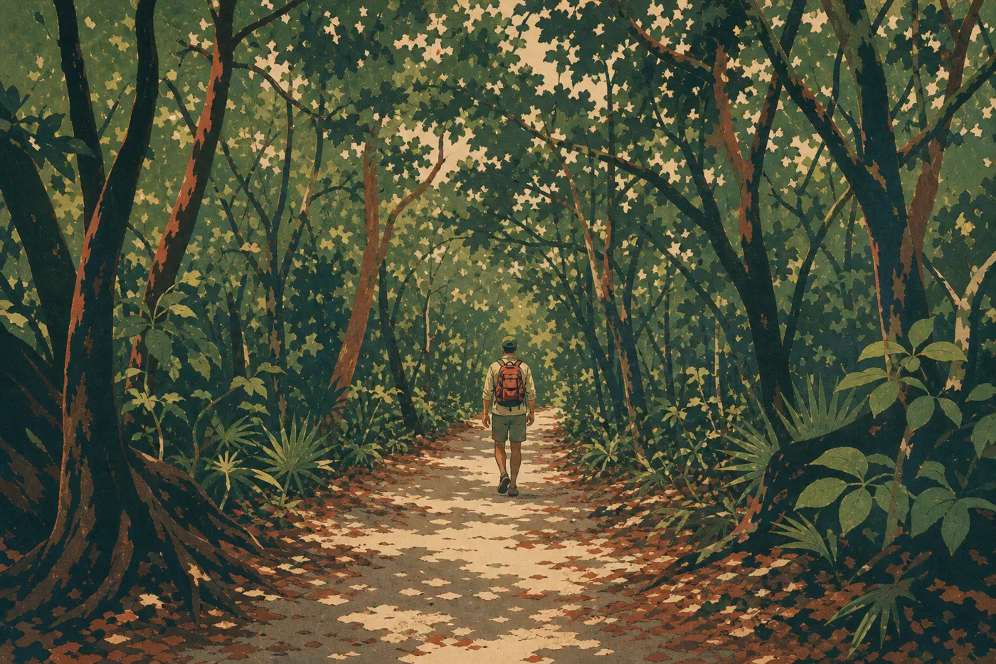 Illustration sérigraphiée : Un marcheur s'engage sous la voûte dense du long sentier traversant Elliott Key du nord au sud.