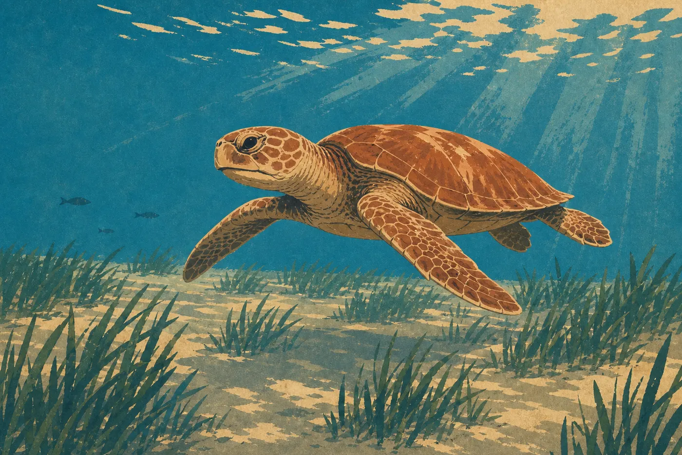 Illustration sérigraphiée : Une tortue caouanne nage au-dessus des herbiers marins dans une eau bleue éclairée par le soleil.
