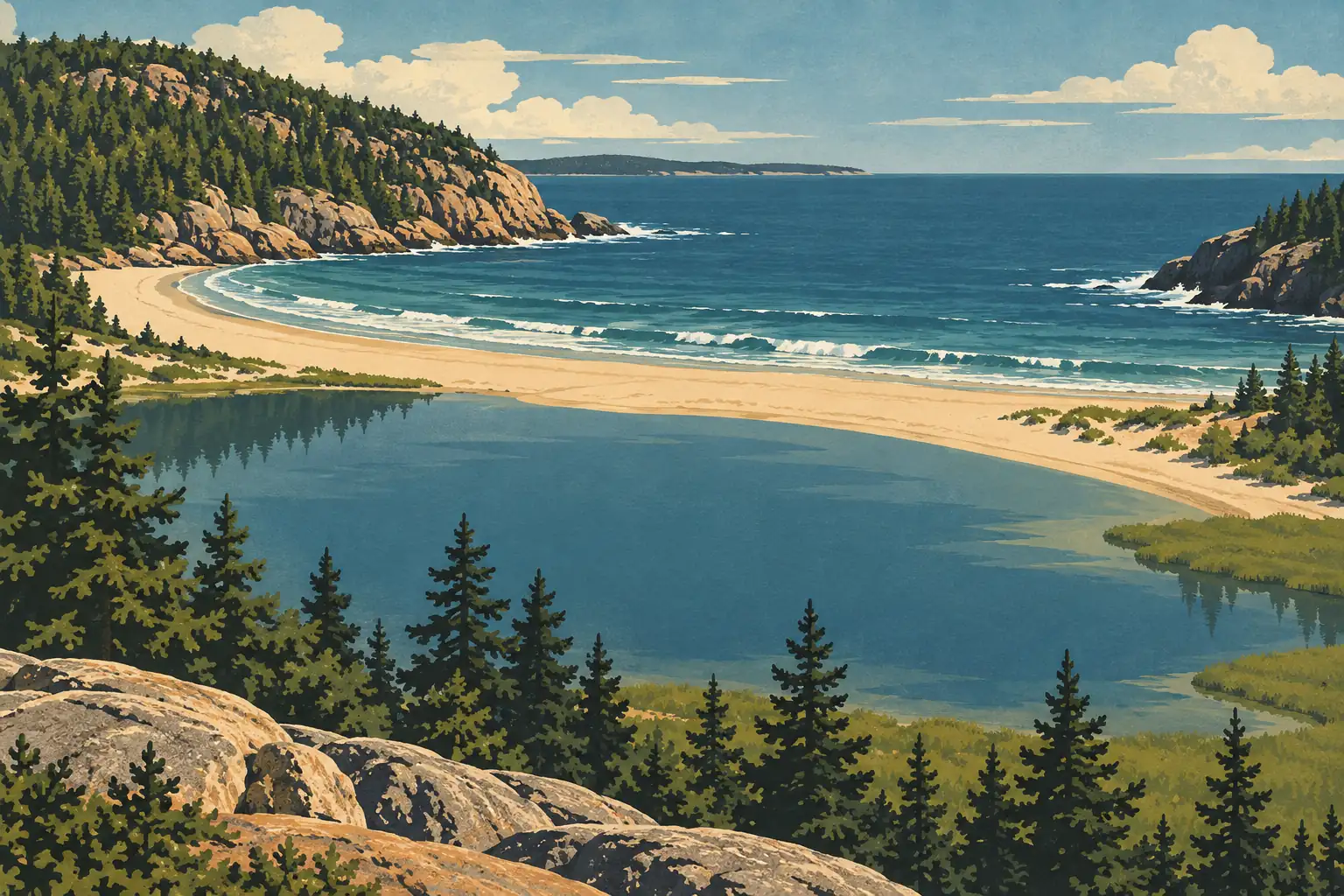 Baie bordée de falaises boisées, avec plage de sable, vagues océaniques et lagon derrière une rangée de pins