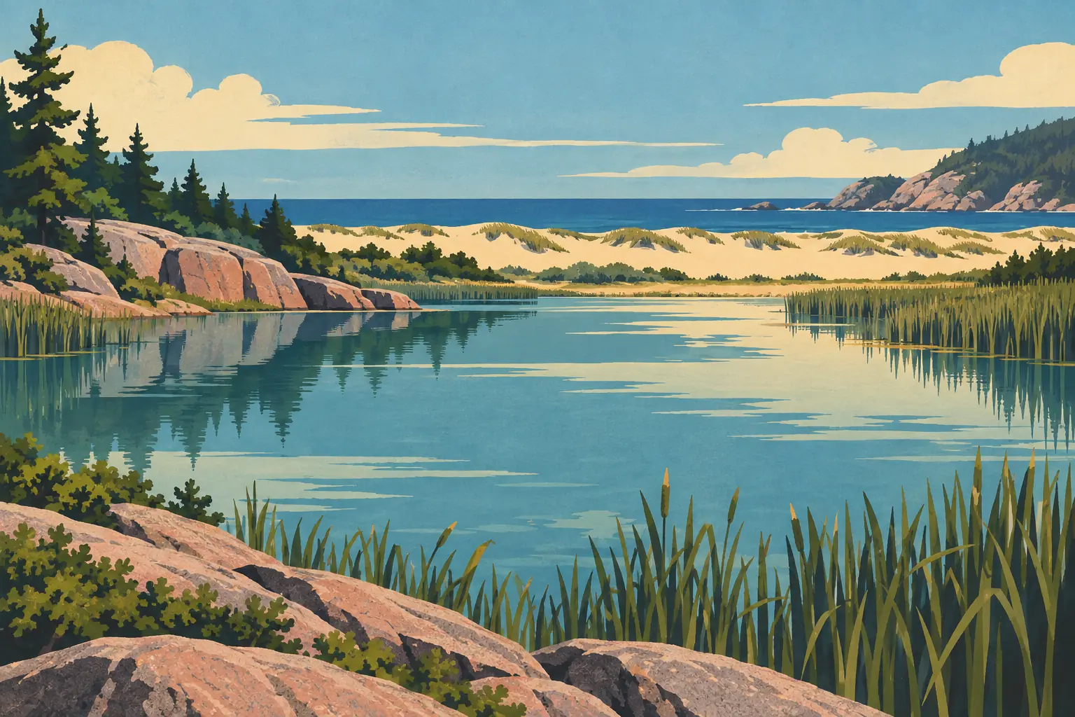 Lagon calme bordé de roseaux et de rochers roses, avec dunes, pins, océan bleu et côte rocheuse au loin