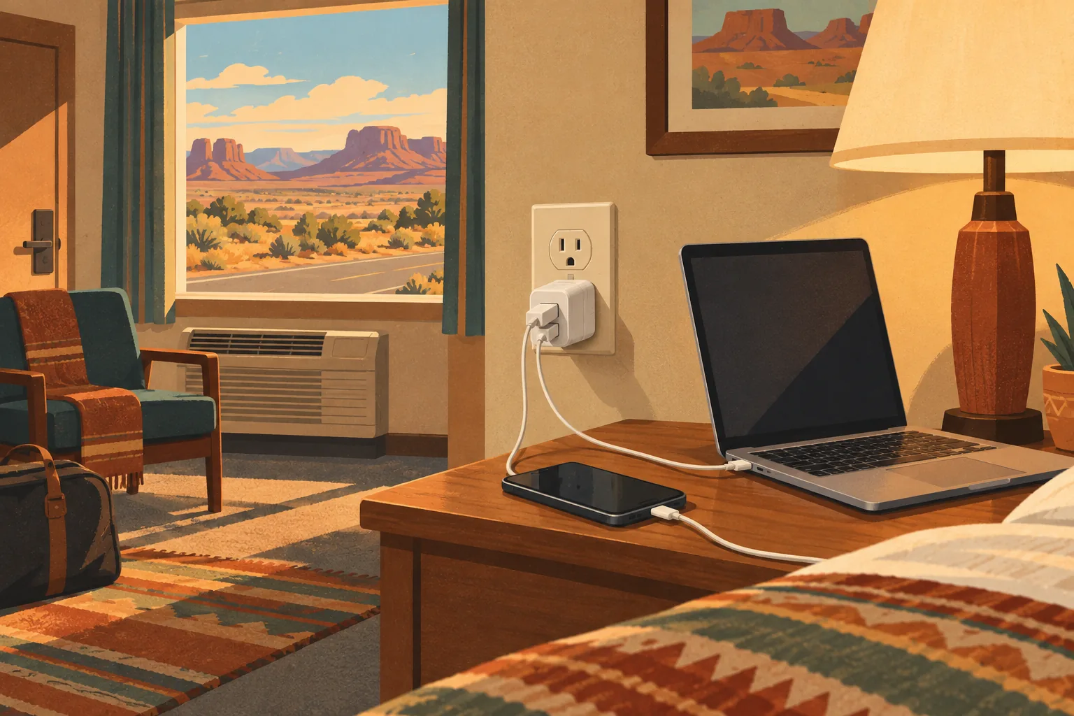 Chambre d’hôtel avec ordinateur et téléphone en charge, adaptateur mural, lampe et vue sur un paysage désertique