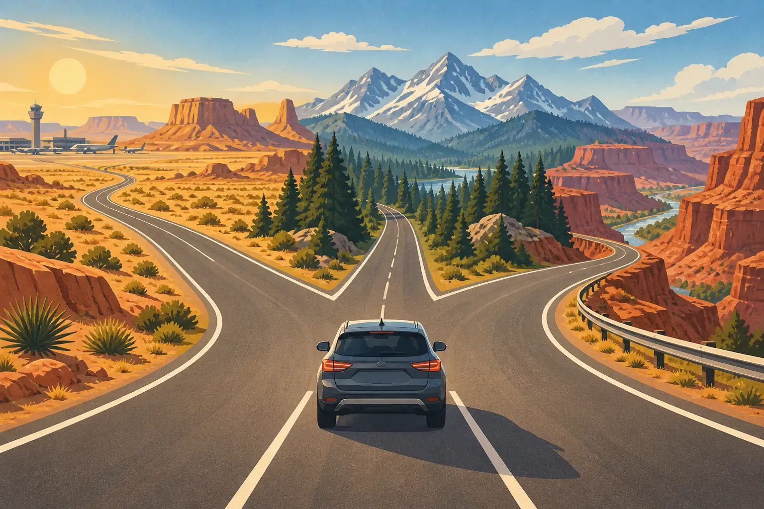 Une voiture roule vers un embranchement entre désert, forêt de pins, montagnes enneigées, canyons et aéroport