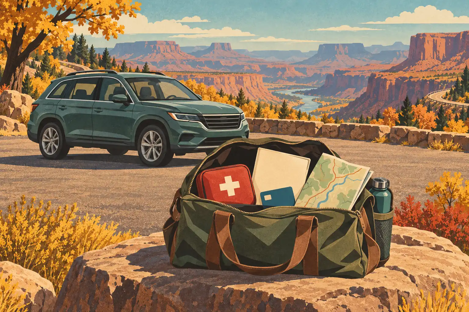 Sac de voyage ouvert avec trousse de secours, carte et documents, devant un SUV garé face à un canyon automnal