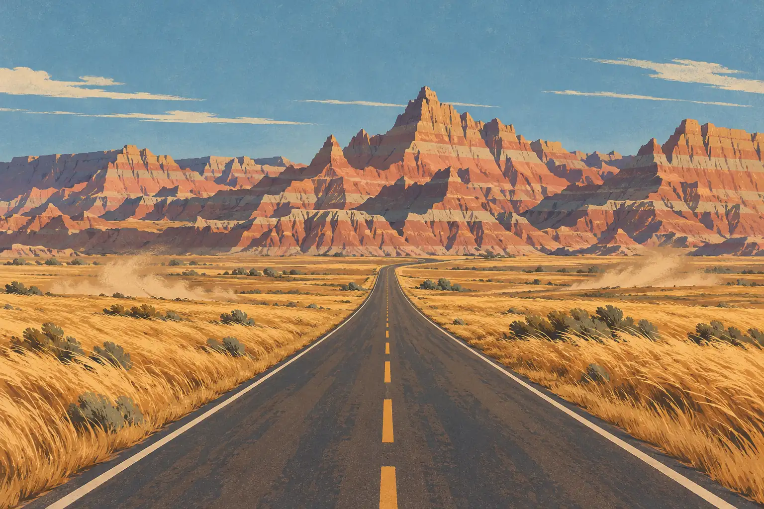 Une route droite traverse des prairies dorées vers des falaises rouges et ocre, sous un vaste ciel bleu nuageux