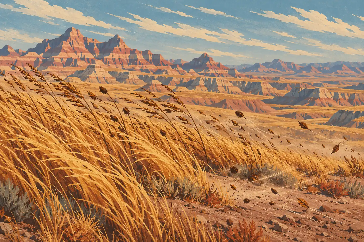 Hautes herbes dorées pliées par le vent devant les crêtes et ravins arides des Badlands sous un ciel nuageux