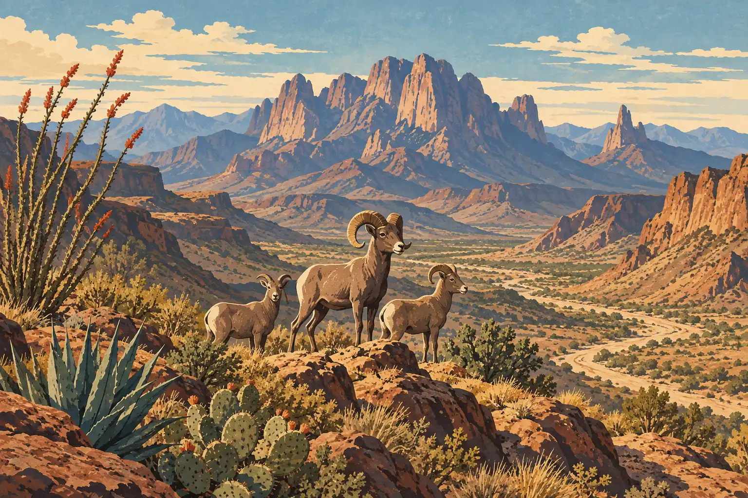 Trois mouflons se tiennent sur un versant rocheux parmi les cactus, face à une vaste vallée désertique bordée de montagnes