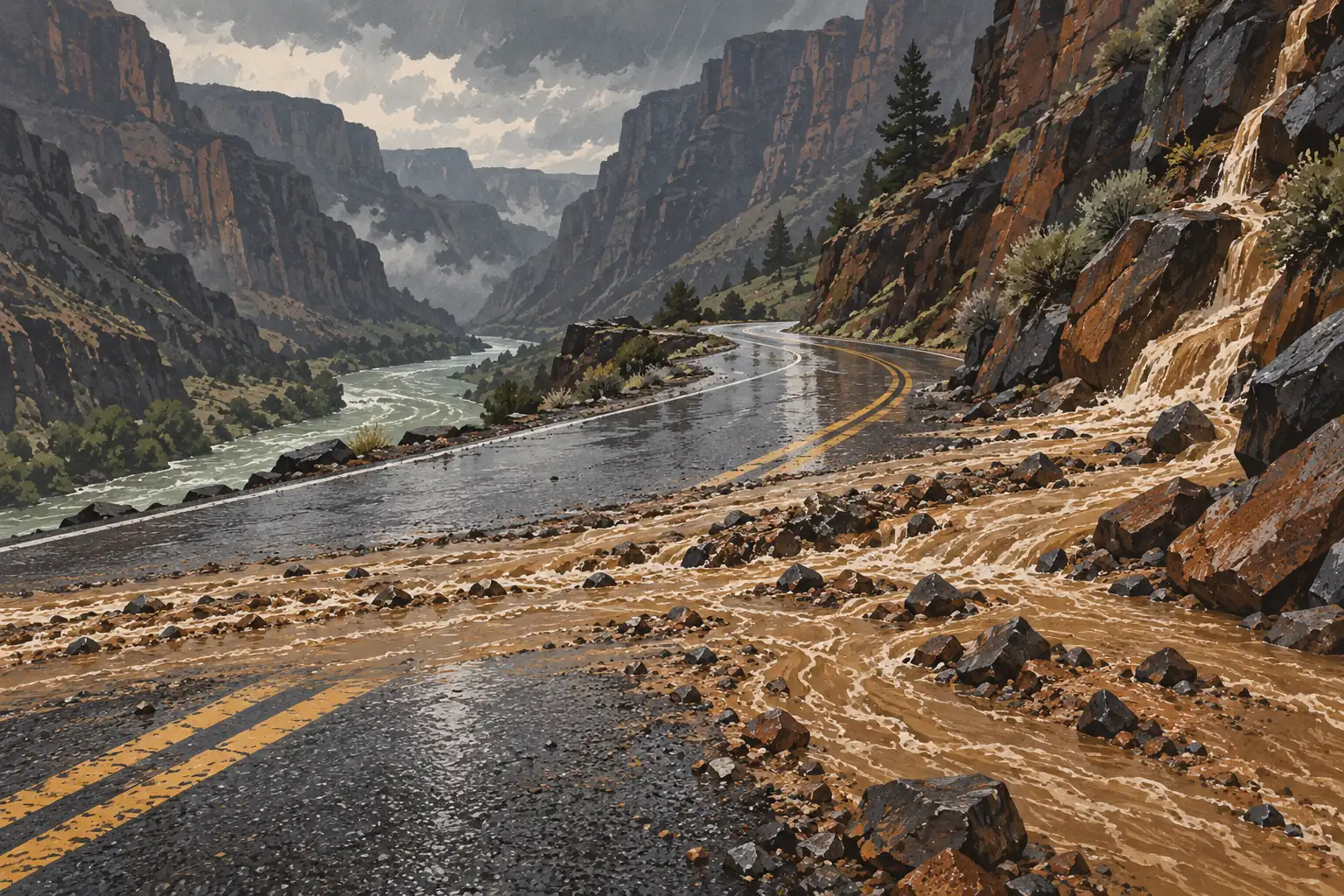 Route sinueuse détrempée dans un canyon, traversée par des eaux boueuses et des rochers sous un ciel d’orage