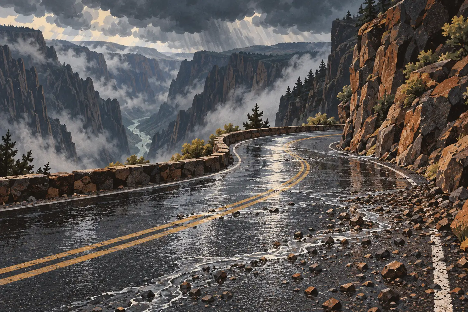 Route de montagne mouillée serpentant entre des falaises rocheuses, sous des nuages d’orage, avec brume et rivière au fond