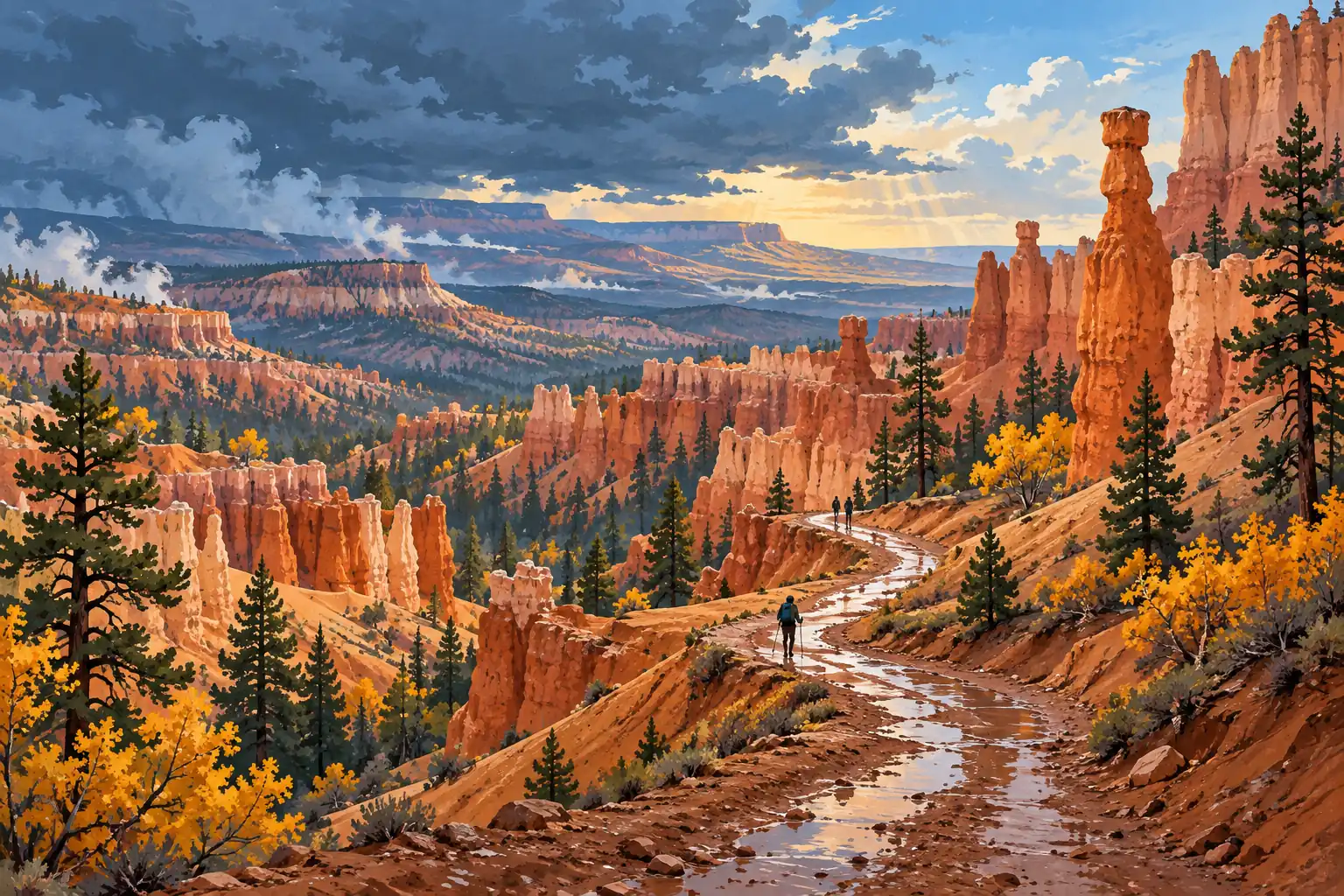 Des randonneurs avancent sur un sentier boueux entre des hoodoos orangés, sous un ciel d’orage percé de soleil