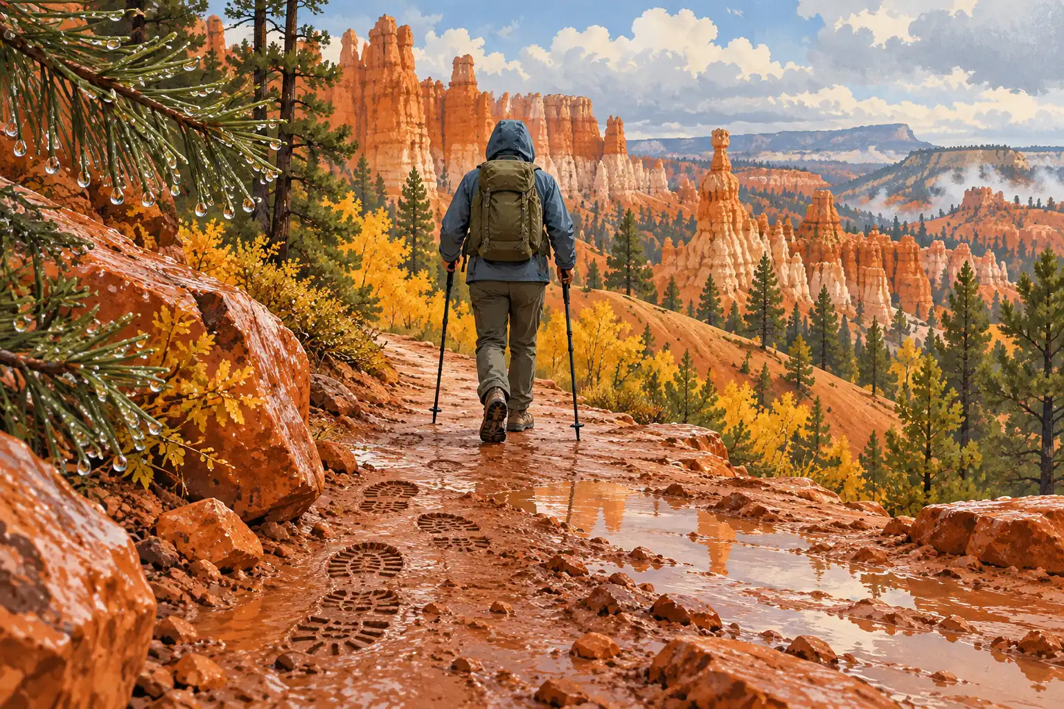 Un randonneur encapuchonné marche sur un sentier boueux face aux cheminées rocheuses orangées de Bryce Canyon