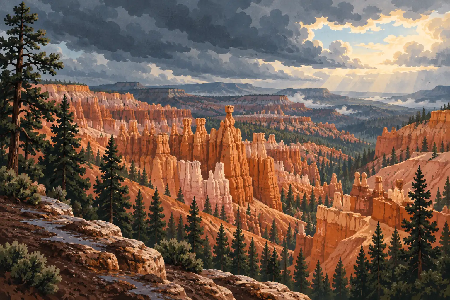 Panorama de Bryce Canyon sous de lourds nuages, avec des cheminées rocheuses orangées, des pins et des rayons de soleil